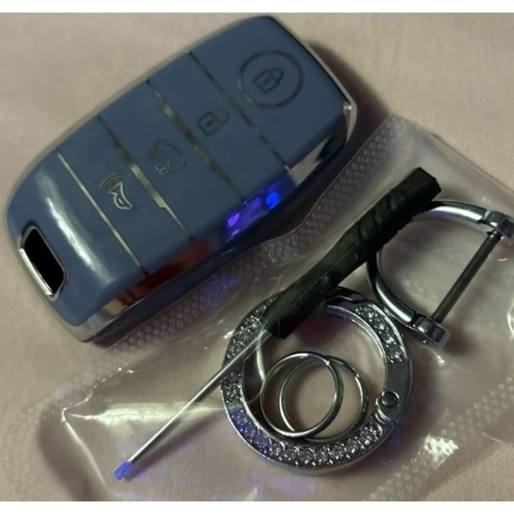 NEW Blue Grey Soft TPU Key Fob Cover & Keychain for Kia K5/Sportage/Sorento